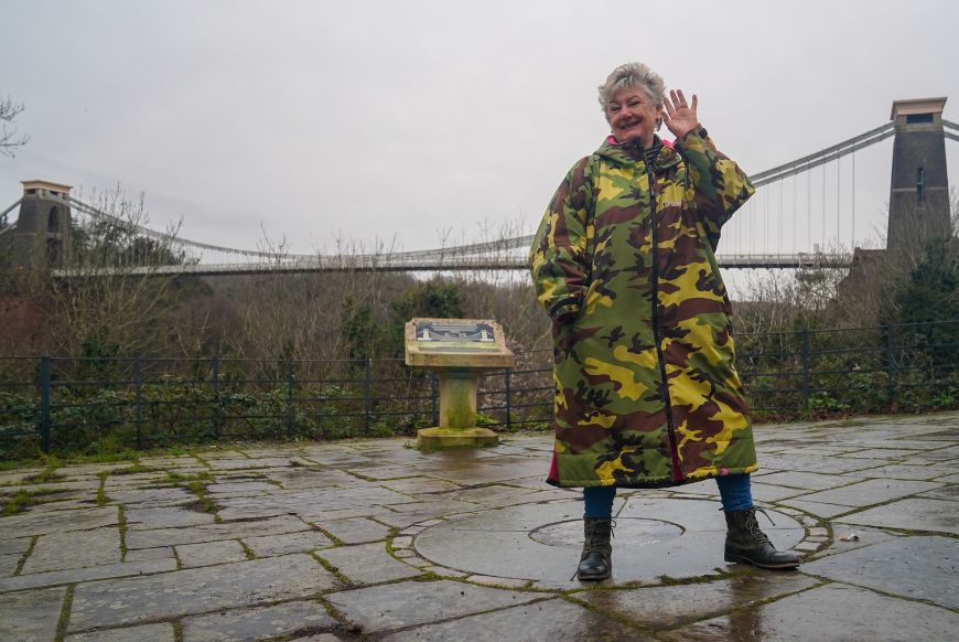 Shelia Hanon in front of the Clifton Suspension Bridge  